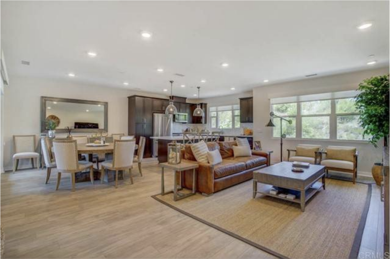 Large open concept living room/kitchen combo with light wood floor and dark cabinetry, dining table and leather sofa